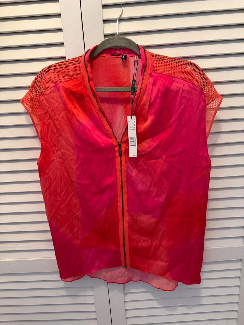 NWT Elie Tahari  Silk Zip-Front Mesh Sleeve Women’s Top in Hot Pink & Orange M